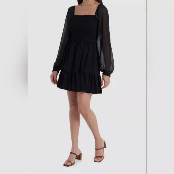 1. State Women's Black Smocked Long-Sleeve Bodice Ruffle Mini Dress Size M - Picture 1 of 13